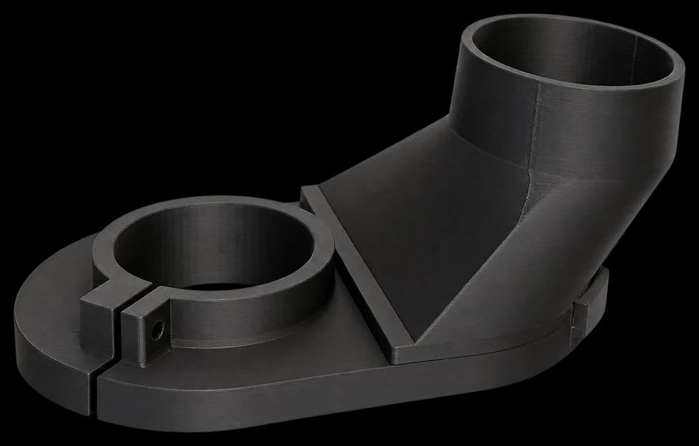 Black printed dust collection shoe with a clamp collar and angled hose port