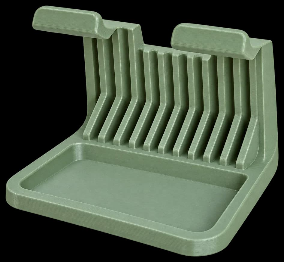 Sage green ribbed tablet stand with a tray
